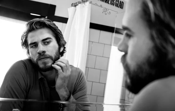Reflection, mirror, actor, black and white, beard, journal, photoshoot, Liam Hemsworth