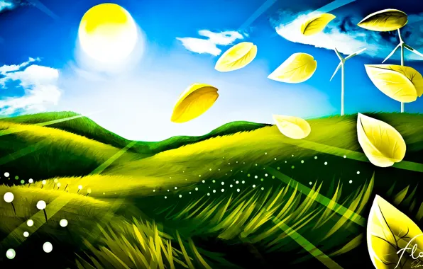 The sky, grass, leaves, the sun, landscape, nature, hills