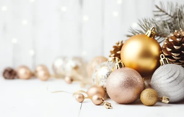 Balls, branches, silver, Christmas, white background, New year, needles, light background
