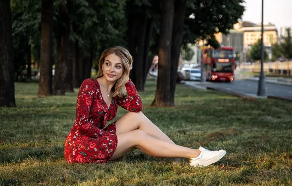 City, grass, sky, dress, trees, Street, model, brunette