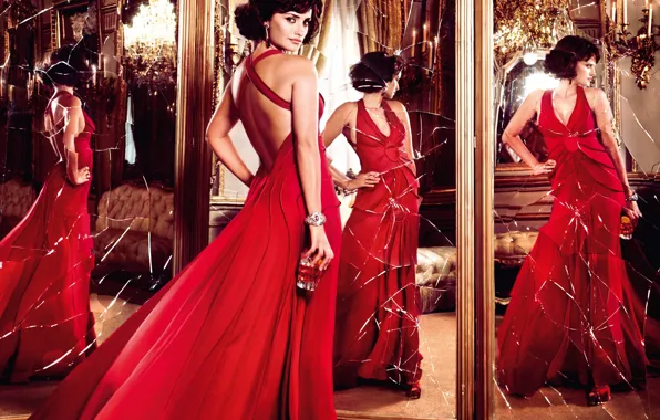 Picture glass, reflection, red, candles, advertising, dress, actress, brunette