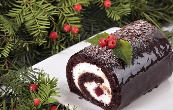 Berries, Christmas, plate, roll, chocolate roll, Christmas roll