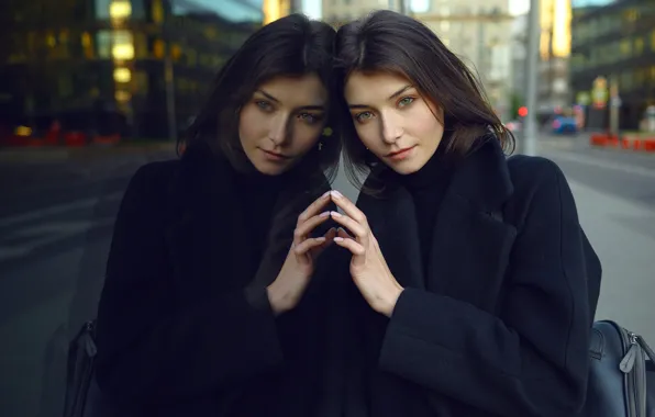 Picture look, girl, face, reflection, brunette, coat, Alexander Makushin