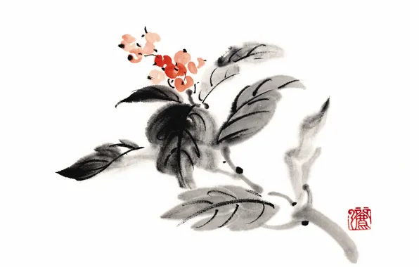 Leaves, berries, Japan, Painting, currants