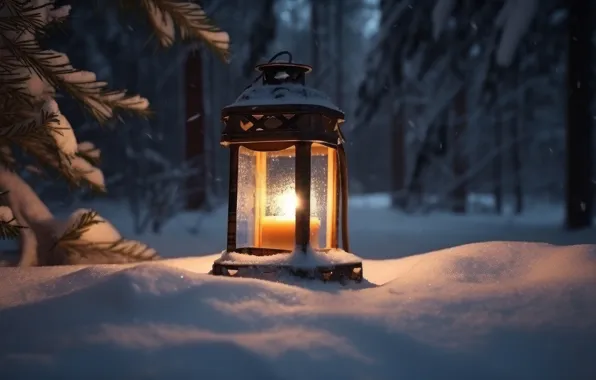 Winter, light, snow, night, candle, Christmas, flashlight, lantern