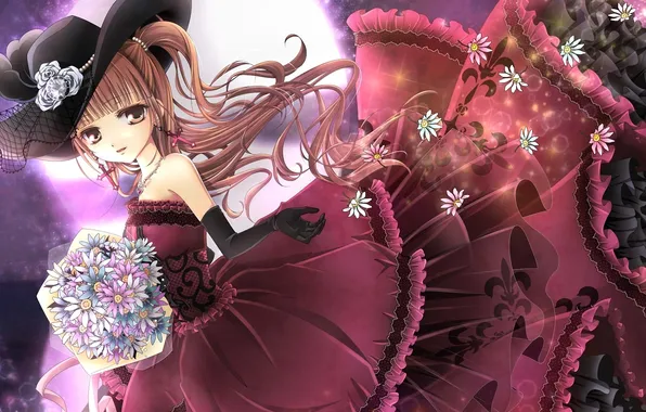 Girl, flowers, the moon, chamomile, bouquet, hat, dress, art