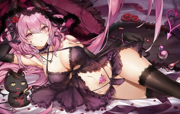 Girl, kitty, bed, lipstick, the demon