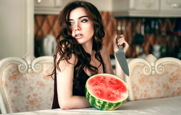 Picture girl, watermelon, knife, Anastasia Lis