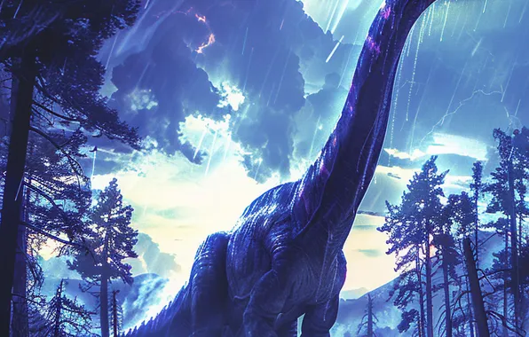 Trees, Rain, Clouds, Dinosaur, Neck, Animal, Digital art, Ancient animals