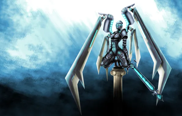 Picture weapons, background, robot, wings, sword, art, cyborg, fantatica
