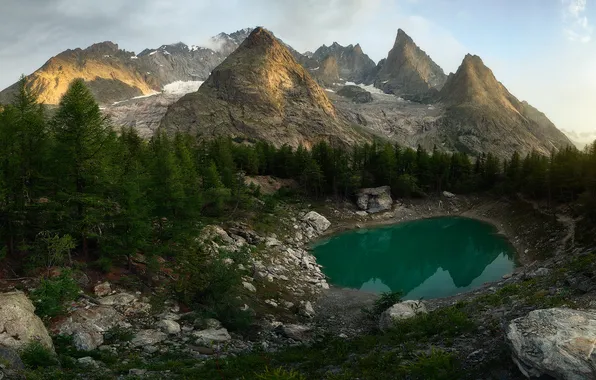 Forest, the sky, mountains, lake, stones, rocks, shore, tops