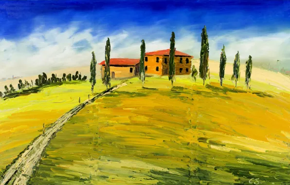 Landscape, house, picture, Italy, Tuscany