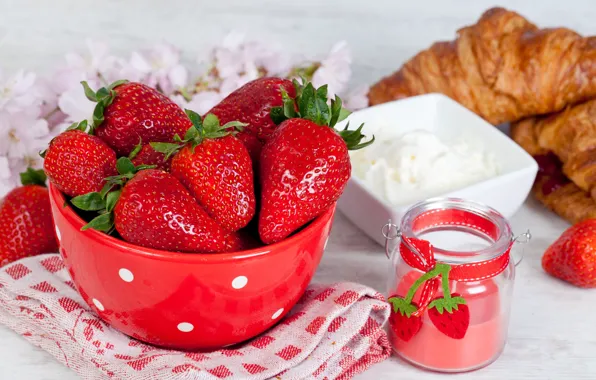Picture berries, table, towel, strawberry, plate, croissants, jar, sour cream