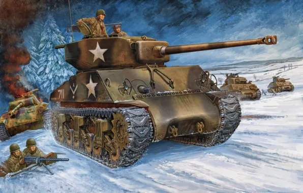 Picture war, art, painting, tank, ww2, m4a3 Sherman