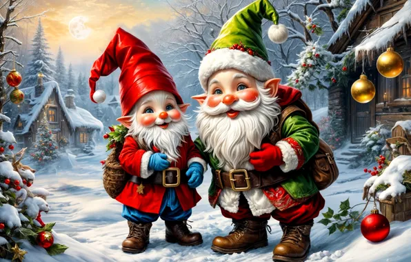 Winter, snow, decoration, trees, home, Christmas, creatures, dwarves