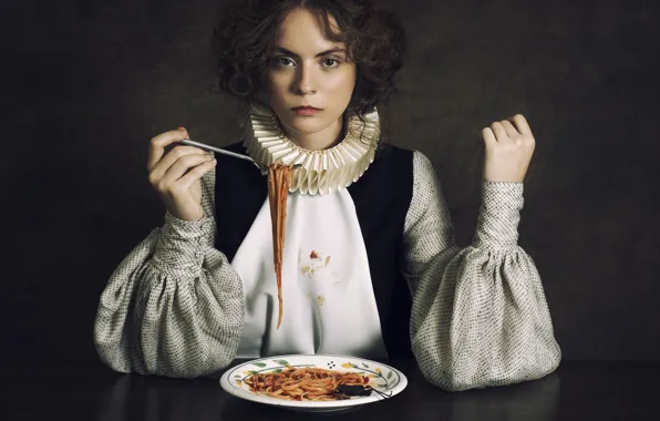 Picture look, girl, portrait, humor, spaghetti, lunch, the irony