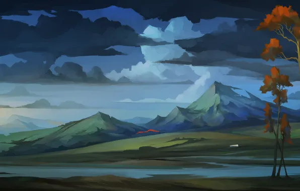 Picture the sky, clouds, trees, landscape, mountains, art, The Banner Saga