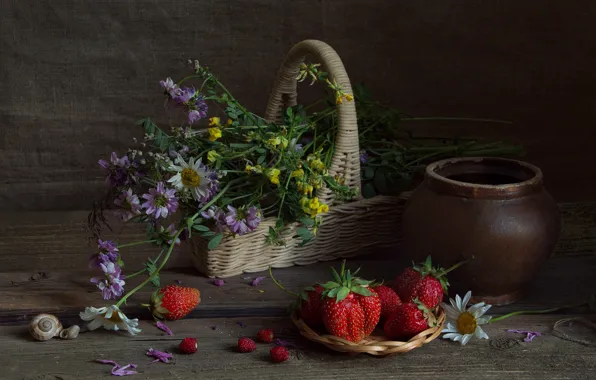 Summer, flowers, berries, Board, chamomile, bouquet, strawberries, strawberry