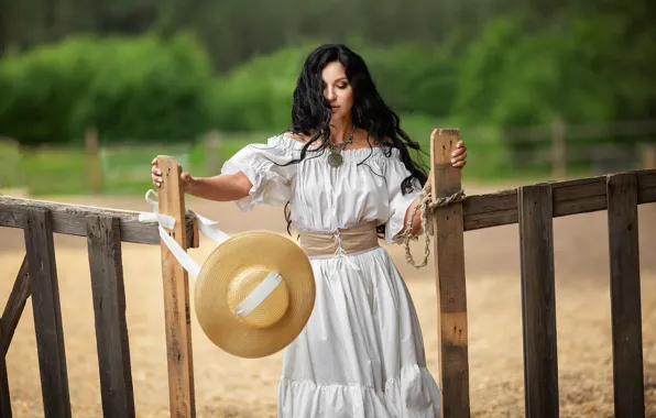 Picture girl, nature, the fence, hat, dress, brunette, Anastasia Barmina, Anastasia Barmina