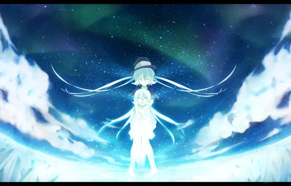 Picture the sky, stars, clouds, night, lights, girls, hat, anime