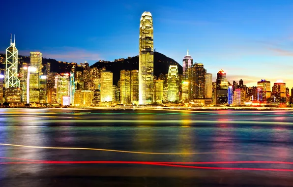 Night, the city, lights, Hong Kong, skyscrapers, backlight, China, Asia