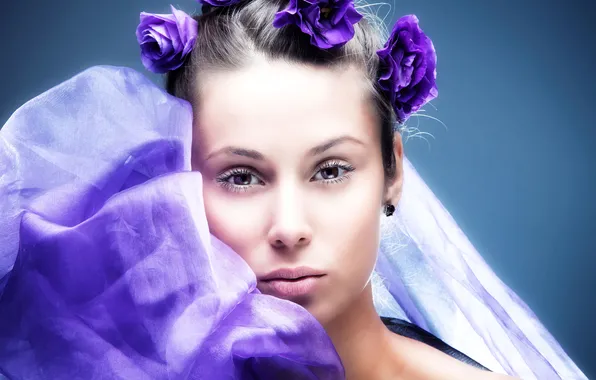 Look, flowers, face, scarf, shawl