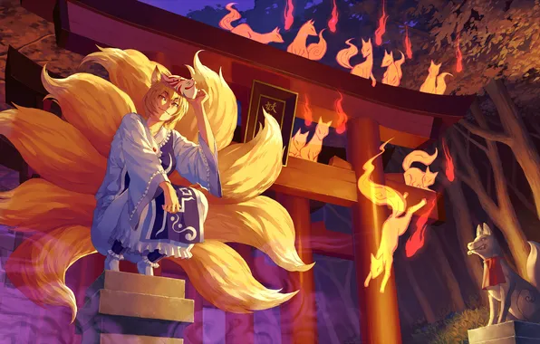Picture girl, fire, mask, Fox, statue, the gates, touhou, tails