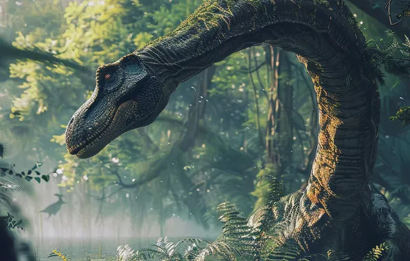 Water, Lake, Trees, Face, Dinosaur, Neck, Animal, Digital art