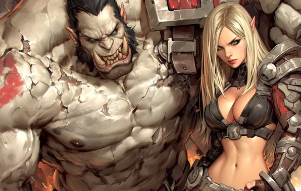 Girl, fantasy, cleavage, monster, armor, blonde, digital art, fantasy art