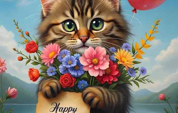 Cat, summer, the sky, look, flowers, nature, pose, paper