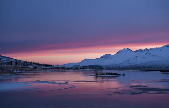 Ice, the sky, snow, sunset, mountains, lake, shore, the evening