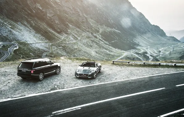 Car, mountains, range rover, jaguar f-type