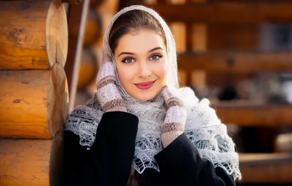 Picture girl, portrait, brown hair, shawl, mittens, Olga Boyko