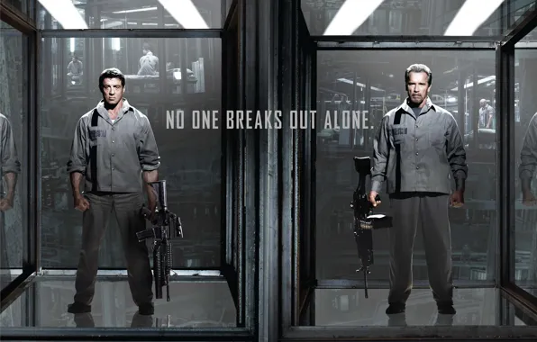 Picture weapons, Arnold Schwarzenegger, Sylvester Stallone, prison, machines, Sylvester Stallone, Arnold Schwarzenegger, Ray Breslin