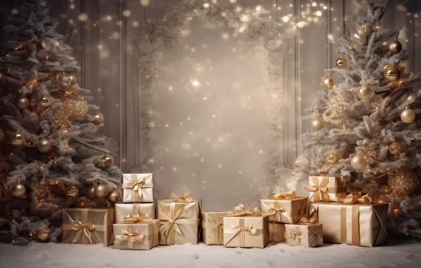 Decoration, balls, tree, New Year, Christmas, gifts, golden, new year