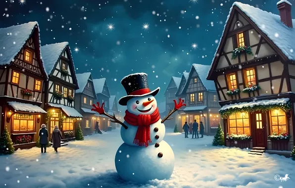 Winter, the sky, night, the city, people, snowman