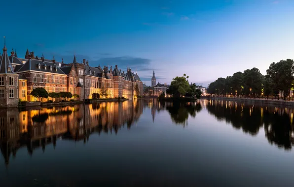Trees, lake, pond, reflection, building, Netherlands, Netherlands, The Hague