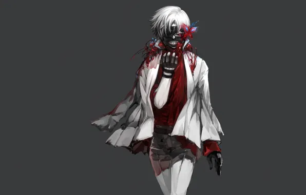Blood, mask, art, Art, white hair, red eye, Tokyo Ghoul, Ken Kanek