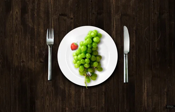 Plate, grapes, plug, knife