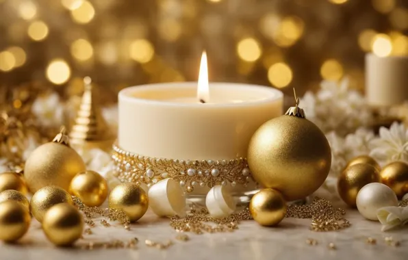 Balls, lights, gold, flame, candle, sequins, Christmas, New year
