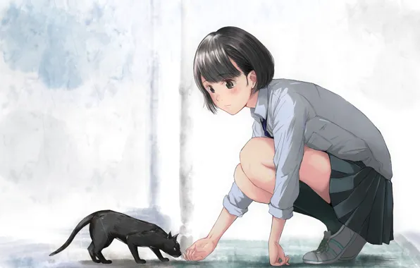 Picture cat, girl, schoolgirl, art, anme, machapilon