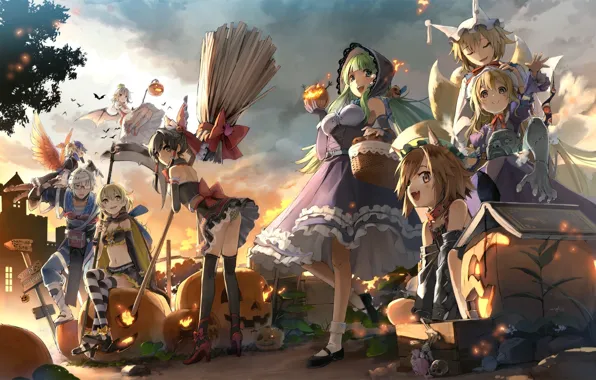 Girls, holiday, hat, anime, art, pumpkin, guy, broom