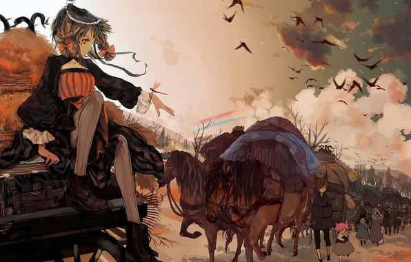 Picture the sky, girl, clouds, bird, horse, people, rainbow, anime