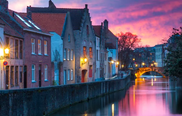 Picture winter, bridge, the city, building, home, morning, lighting, lights