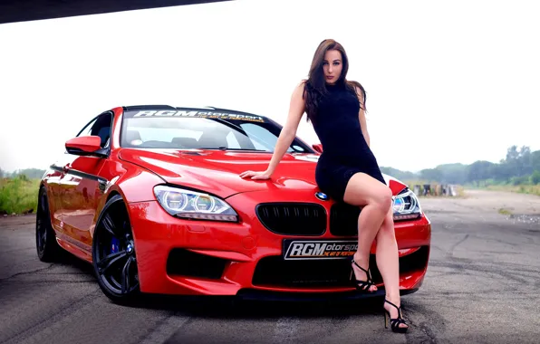Look, Girls, BMW, red car, on the hood, beautiful brunette, Christiane Romicke