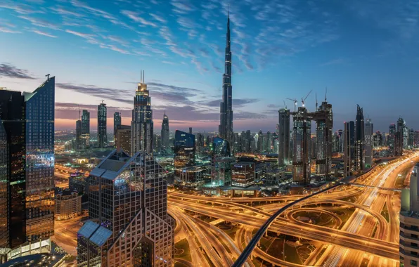 The sky, clouds, the city, lights, view, building, tower, height