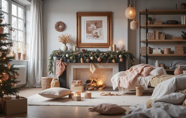 Room, interior, picture, pillow, window, Christmas, bed, floor