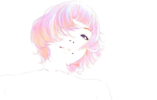 Face, haircut, white background, shoulders, bangs, pink hair, portrait of a girl, Ilya Kuvshinov