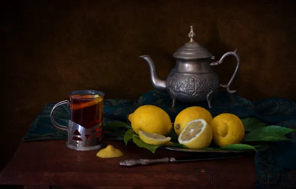 Lemon, tea, kettle, still life