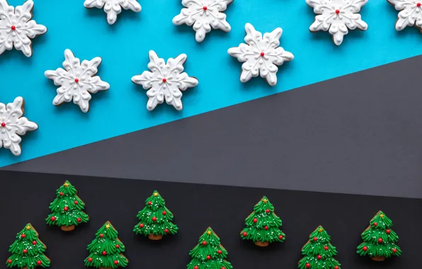 Snowflakes, texture, cookies, Christmas, New year, figures, glaze, Christmas trees